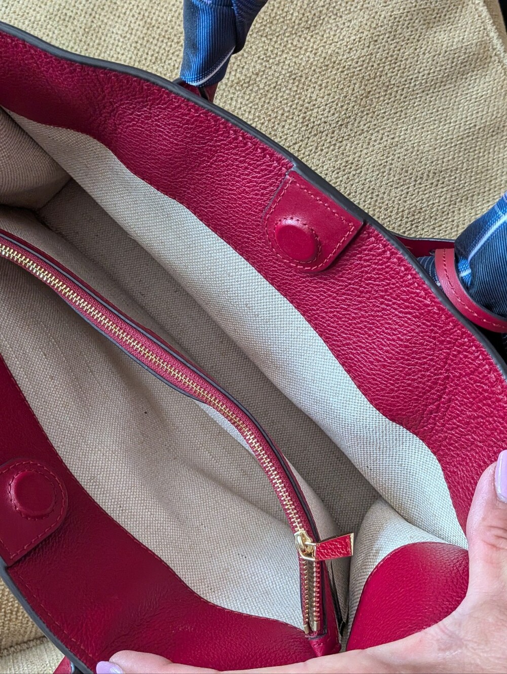 Michael Kors deep Cherry Red Leather Tote with Navy Scarf Accent - Picture 6 of 10